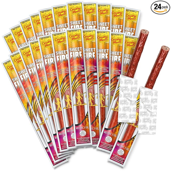 Country Meats Meat Sticks 0 Trans Fat USDA Certified Good Source of Protein Carb Conscious Snack (24 Meat Sticks Sweet Fire)