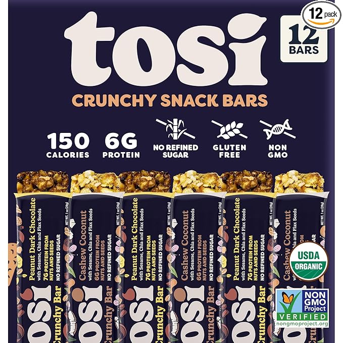 Tosi Cashew Coconut and Dark Chocolate Peanut Protein Bars Combo Plant Based with Nuts Gluten-Free Crunchy Snacks Vegan Organic Flax &amp Chia Seeds Soy-Free Omega 3s 6G/8G Protein 1 oz 12-
