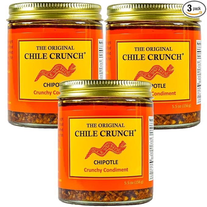 CHILE CRUNCH - Chipotle Spicy Crunchy Condiment - All Natural Roasted Chili Peppers Garlic &amp Onion Crisp Sauce - Vegan Gluten-Free No Preservatives - Homemade Authentic Mexican Recipe 5.5oz (3