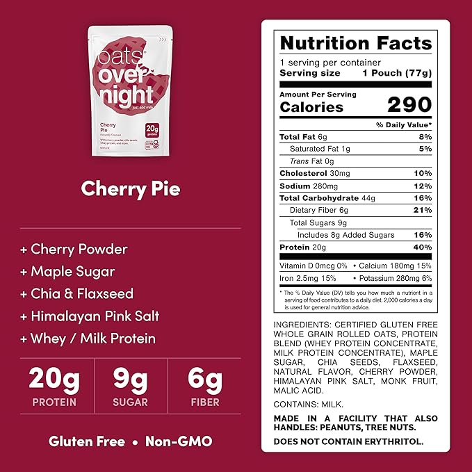 Oats Overnight Cherry Pie - Overnight Oats with 20g Whey Protein High Fiber Breakfast Protein Shake - Gluten Free Oatmeal Non GMO High Protein Oatmeal (2.7 oz per Meal) (8 Pack + Bottle)