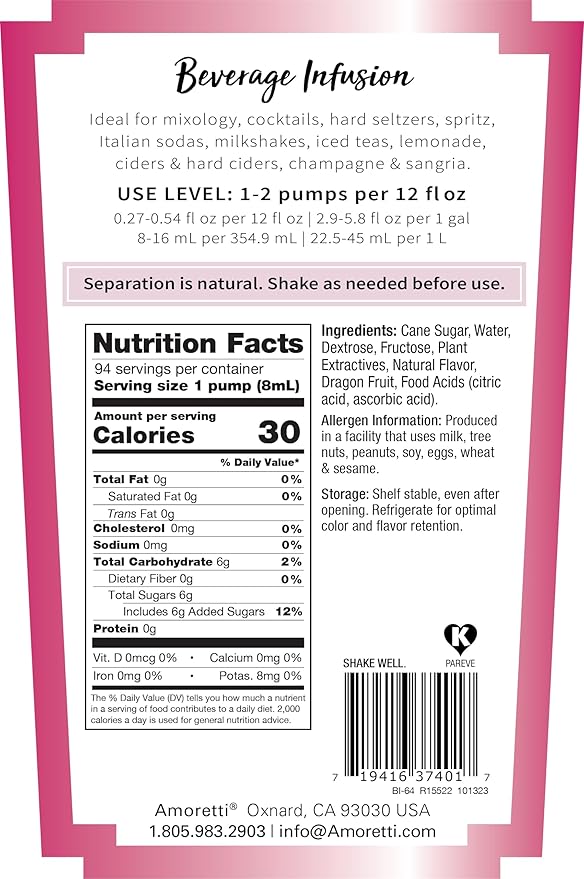 Amoretti - Dragon Fruit Beverage Infusion 94 Servings Per Bottle (750 ml) - Drink Mix &amp Water Enhancer with Pump for Flavoring Cocktails Waters Teas and other Beverages Preservative Free