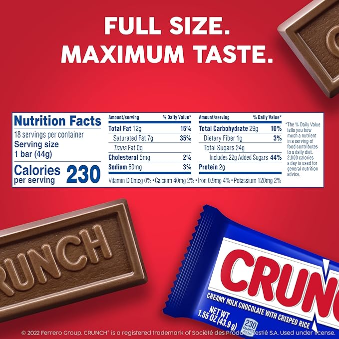 CRUNCH Milk Chocolate and Crisped Rice Full Size Individually Wrapped Candy Bars 1.55 oz each (Pack of 2)