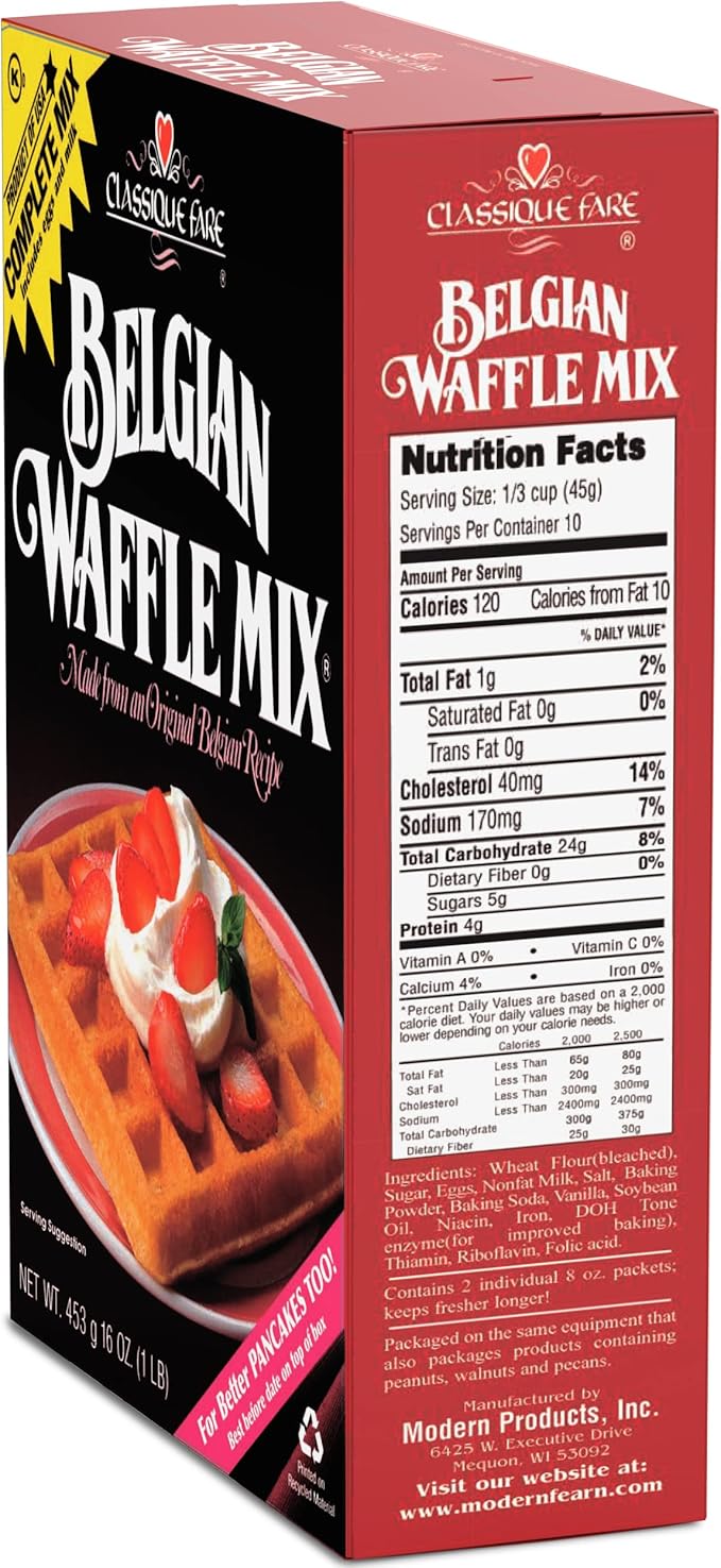 Classique Fare Belgian Waffle Mix - Makes Light and Crisp Waffles Pancakes Muffins and Crepes - Works with Griddle Maker - Fast and Fresh Breakfast Foods - 1 Pound (Pack of 6)