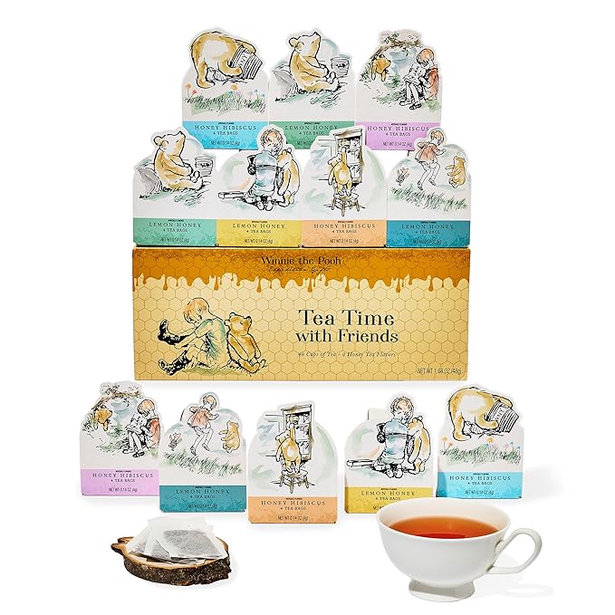 Thoughtfully Classic Winnie-the-Pooh Character Tea Gift Set Includes 12 Illustrated Boxes with Quotes from A.A. Milne Lemon Honey and Honey Hibiscus Flavors Baby Shower Nursery or Birthday Gift