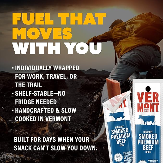 Vermont Smoke &amp Cure - Smoked Premium Beef Sticks - Meat Protein Snack - Portable Healthier Meat Snack for Adults &amp Kids - Individually Wrapped Jerky Snacks - 1oz - 24 Count