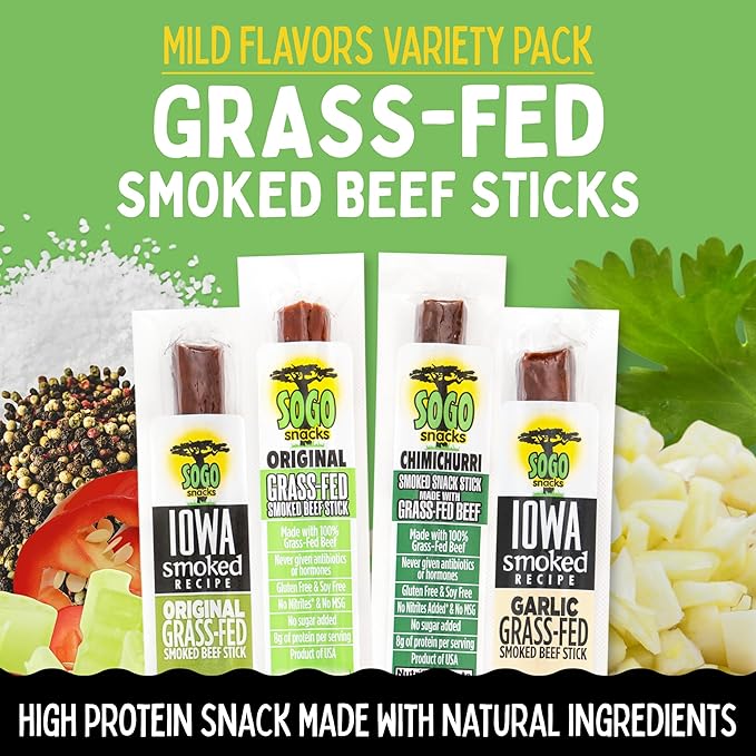 Mild Variety Sogo Snacks 4 No Sugar 100% Grass-fed/finished Non-GMO Beef Flavors. No Nitrates Gluten Soy MSG Dairy Nuts (18 Org-ISR 18 Garlic-ISR 18 Org 18 Chimi 72-cnt 1-oz)