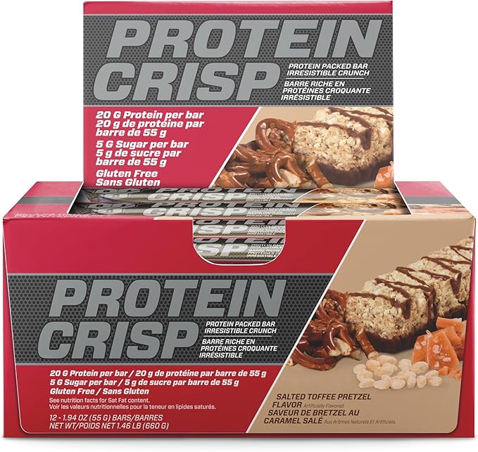 BSN Protein Crisp Bar Salted Toffee Pretzel 20 Gram Protein Snack Bars with Whey and Fiber Gluten-Free Crunchy Energy Bars for Workout Fitness On-the-Go 12 Count