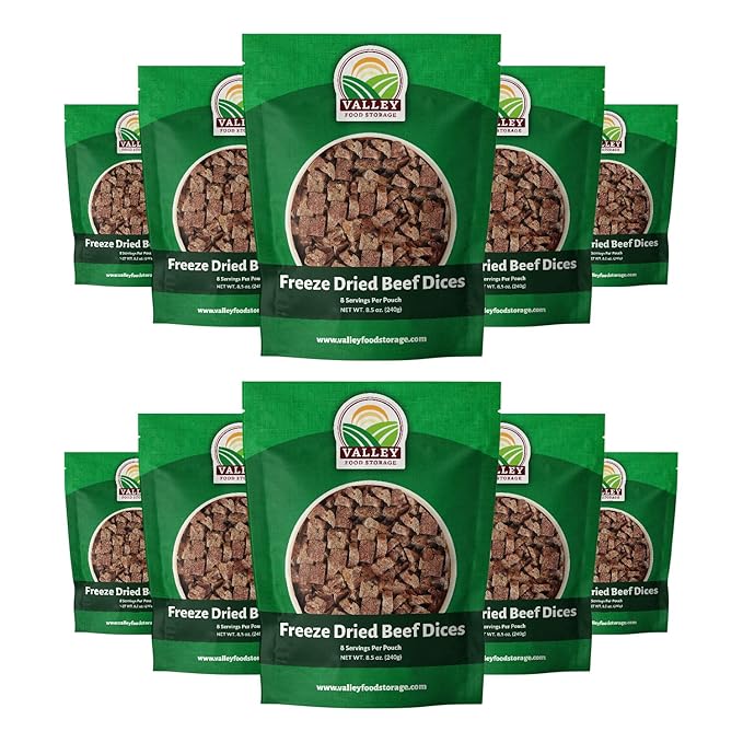 Freeze Dried Beef Dices 10-Bag Bucket 85 Oz | Premium Emergency Food Supply 25 Year Shelf Life | Prepper Supplies Survival Food Off Grid Living Supplies | Valley Food Storage Packaged in USA