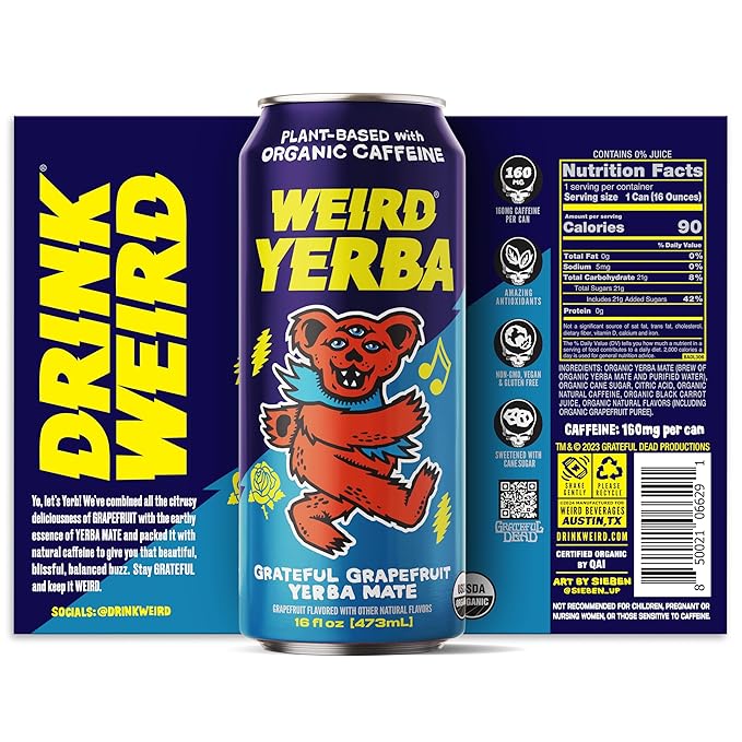 Drink Weird Organic Grateful Grapefruit Yerba Mate – 16oz Cans 160mg Organic Caffeine Pack of 12 – Grateful Dead Collab Healthy Energy Drink Alternative