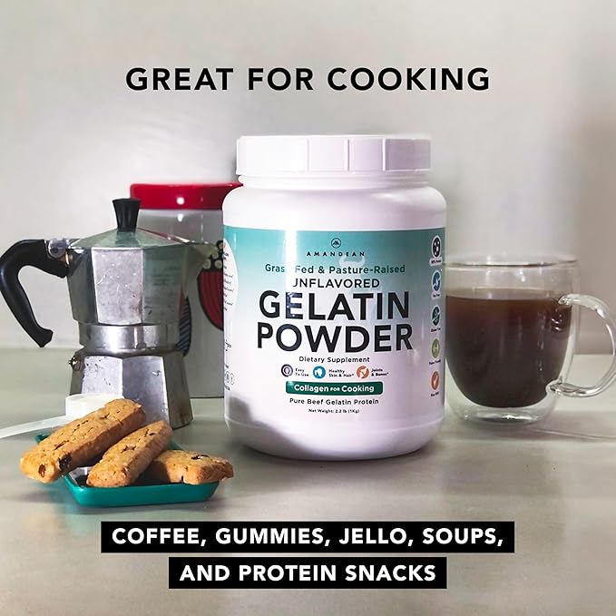AMANDEAN Premium Gelatin Powder XL. Grass-Fed Beef Collagen Protein Supplement. Unflavored. Healthy Skin Hair Nails &amp Gut. Paleo Friendly Cooking and Baking. 18 Amino Acids. Non-GMO.