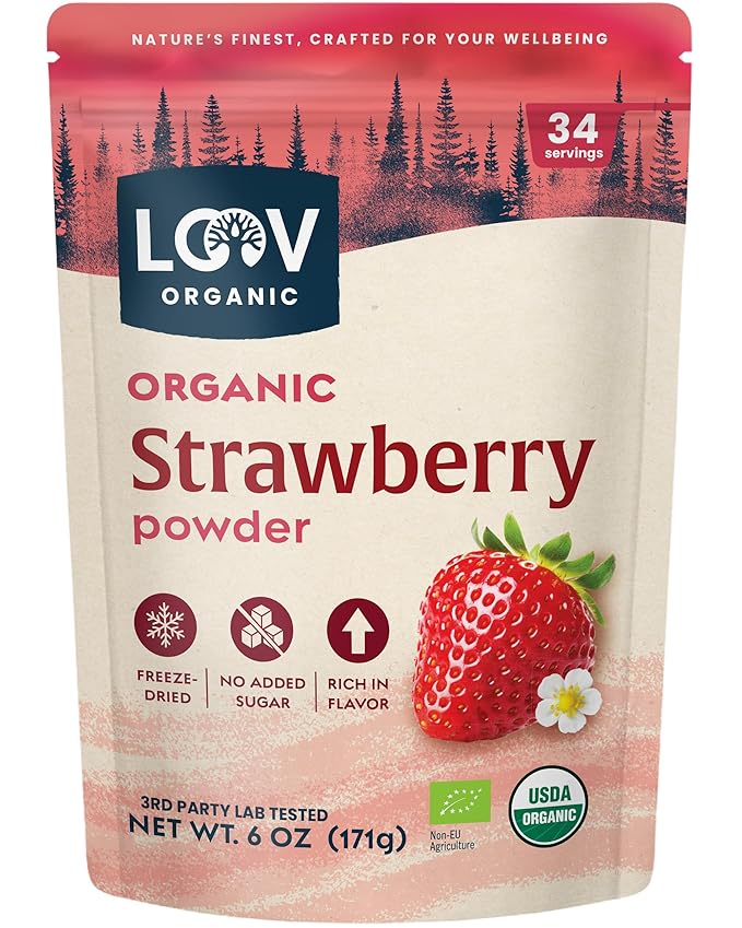 LOOV Organic Freeze Dried Strawberry Powder - 29-Day Supply 6 Oz Good for Smoothie Baking &amp Seasoning Freeze-Dried &amp Processed in Certified Facilities No Added Sugar