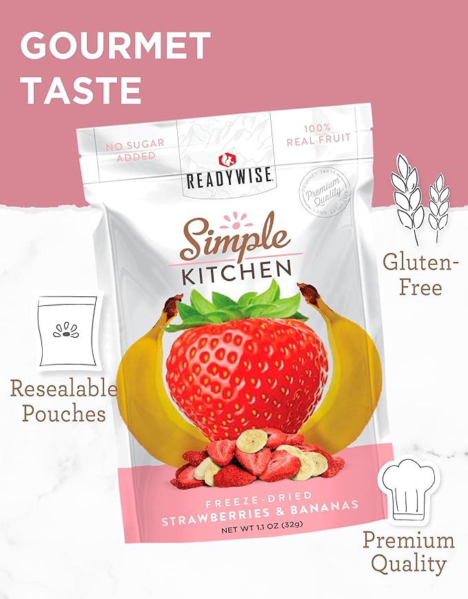 READYWISE - Simple Kitchen Freeze-Dried Strawberries &amp Bananas 24 Servings 6 Pack Vegetarian Gluten Free Snacks Strawberries Banana Dried Fruit Pre Workout Healthy Snacks Survival Food