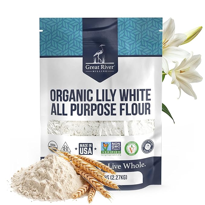 Great River Milling Lily White Organic All-Purpose Flour | Unbleached &amp Unbromated | Non-GMO Kosher | Ideal for Bread Cookies Cakes Pizza Dough &amp Everyday Baking | 5 Lb