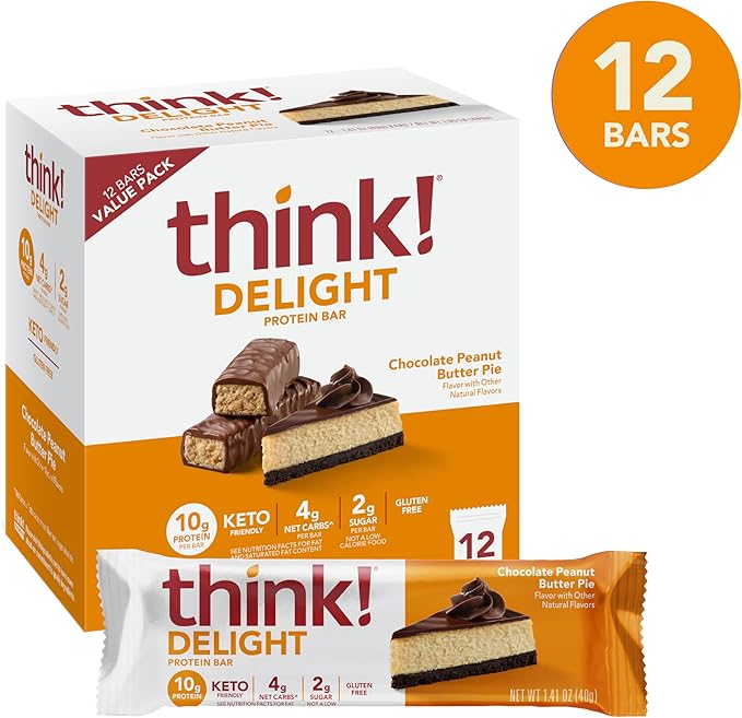 think! Delight Keto Protein Bars Healthy Low Carb Gluten Free Snack - Chocolate Peanut Butter Pie 12 Count (Packaging May Vary) (Pack of 2)