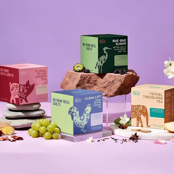 Tea Facto Herbal Tea Sampler Set Depuff Collection with Bitter Melon Mulberry Leaf Ginger Pear &amp Green Grapes Jasmine - Fancy Tea Sampler Gift Set Box - Natural Fiber Zero Added Sugar - 40 Cou