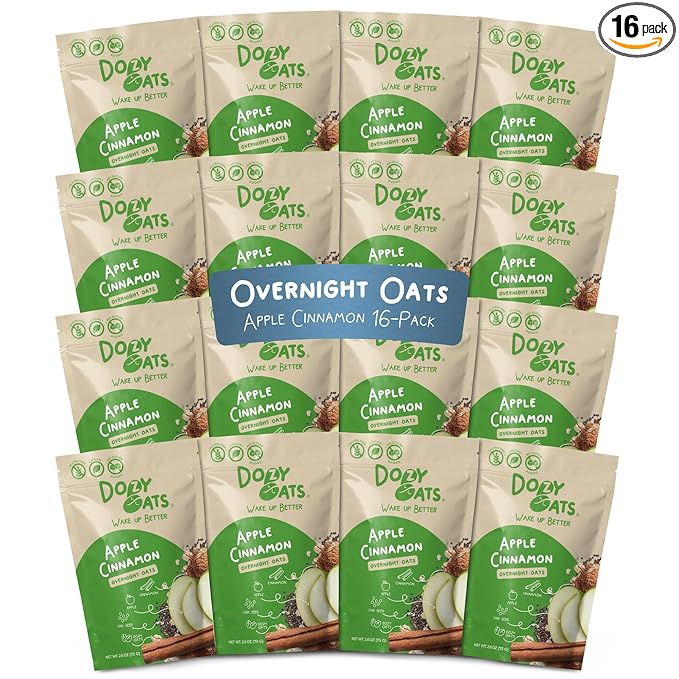 Dozy Oats Overnight Oatmeal Packets Apple Cinnamon Multipack with Rolled Oats Chia Seeds Date Powder and Dried Fruit. Gluten-Free Natural Source of Protein and Fiber 16-Pack