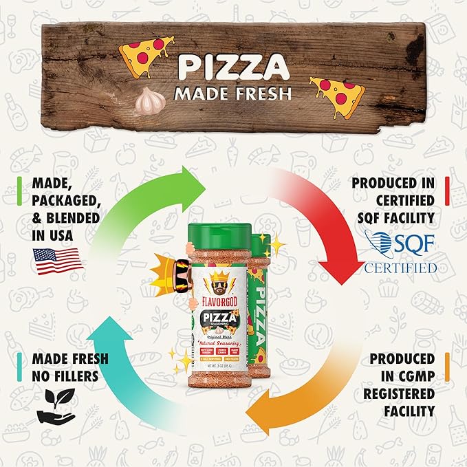 Flavor God 2 Bottles Pizza Seasoning Mix Natural Healthy Spice Blend For Grilling Chicken Beef Seafood Vegetables Salad Tacos Ravioli Pasta- Kosher Gluten &amp Dairy Free Vegan Keto Friendly