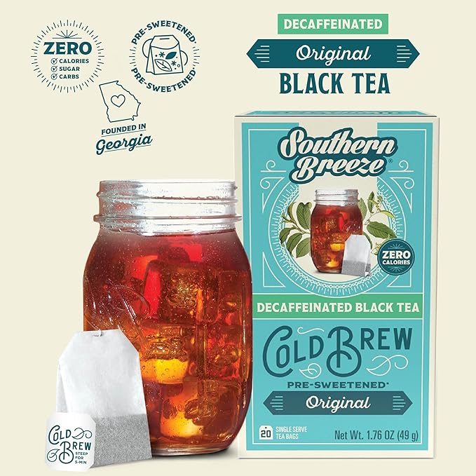Southern Breeze Decaf Cold Brew Sweet Tea Original Iced Tea with Black Tea and Zero Carbs Zero Sugar 20 Individually Wrapped Tea Bags Pack of 4