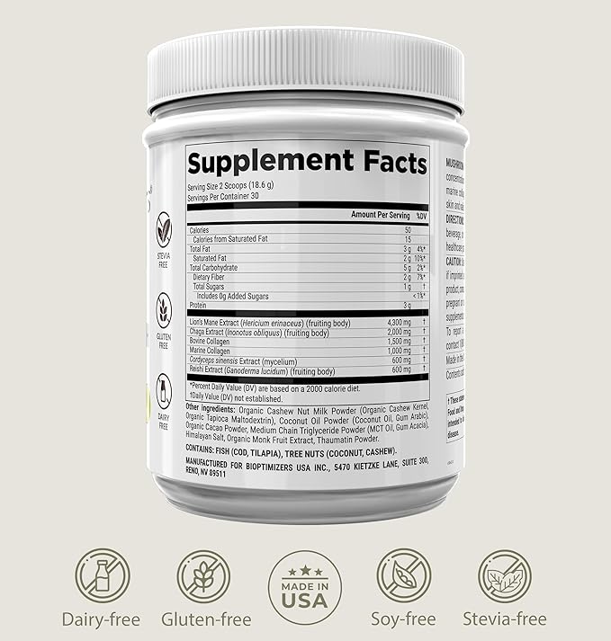 BIOptimizers Mushroom Coffee Alternative – Chocolate Drink – Lion’s Mane Chaga Reishi + Collagen Peptides for Focus Energy &amp Gut Health – Adaptogenic Mushrooms &amp MCT Powder – 30 Servings