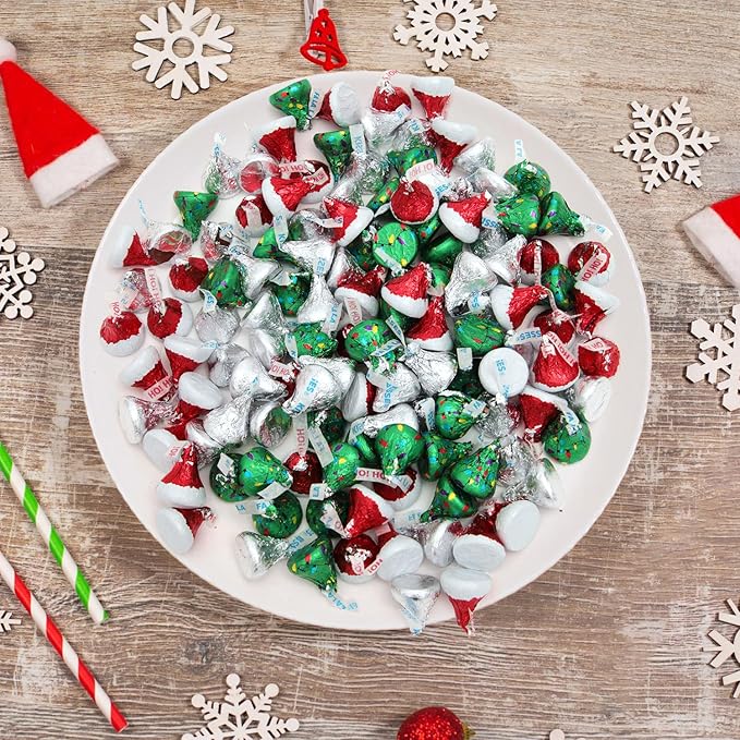 Kisses Christmas Mix 5LB – Santa Hat &amp Christmas Tree Chocolate Kisses Individually Wrapped Holiday Candy in Red Green &amp Silver Foil – Bulk Treats for Christmas Parties &amp Stocking Stuffe