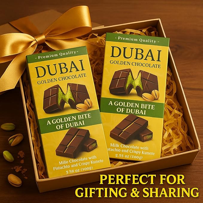 Zimply Foods 2 Packs Each 3.53 Oz Dubai Chocolate Bars - Luxurious Milk Chocolate with Pistachio and Crispy Kunefe Middle Eastern-Luxury Artisan Pistachio Dubai Choclate Gift for Gifting. Premium Qua