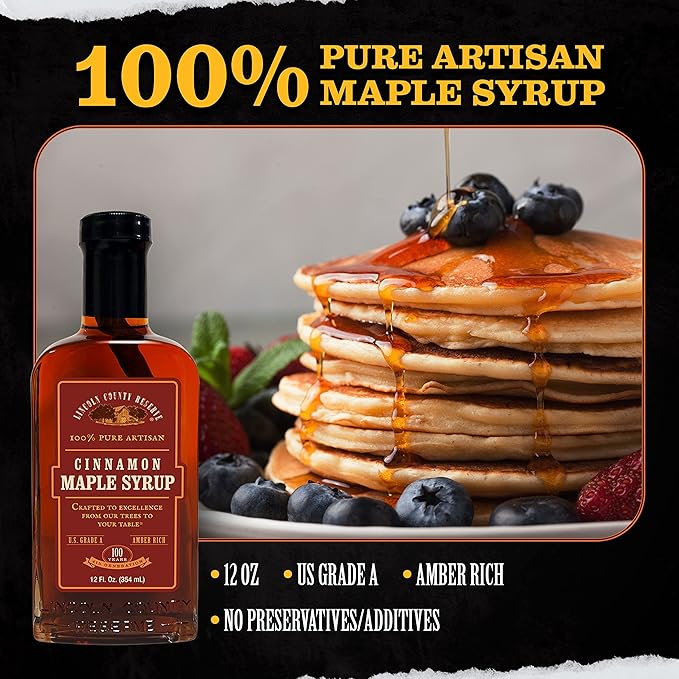 Lincoln County Reserve Cinnamon Maple Syrup Made in USA with Real Cinnamon Stick Amber Rich Grade A Real American Made for French Toast Pancakes Oatmeal and More
