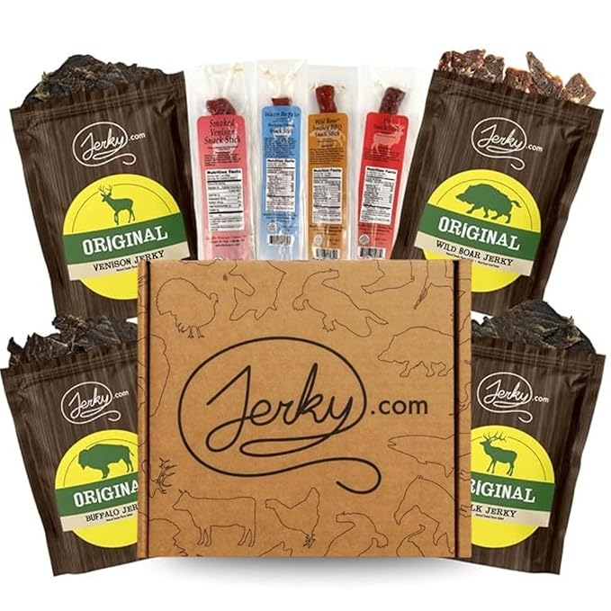 Jerky.com Exotic Jerky Gift Box | 8pc Wild Game Exotic Jerky Variety Pack with Venison Elk Wild Boar &amp Buffalo | High Protein Low Fat Keto Exotic Meat Snacks Jerky Gifts | Birthday Gifts for