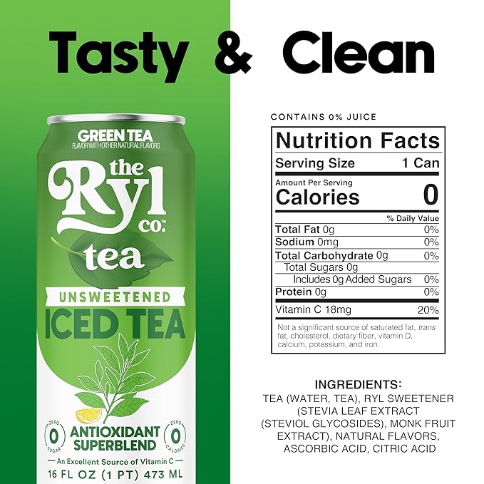 Ryl Iced Tea Unsweetened Green Tea Antioxidant Superblend Zero Sugar Zero Carb Zero Calorie Iced Tea 16.0 Fl Oz (12-Pack)