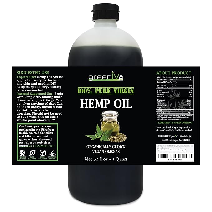 GreenIVe Hemp Oil 32oz Bottle (946mL) Natural Hemp Seed Oil Cold-Pressed Vegan Non-GMO Bottled in USA