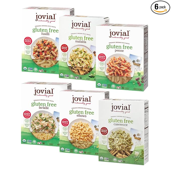 Jovial Whole Grain Brown Rice Pasta Variety Pack (Mafalda Farfalle Elbows Fusilli Casarecce Penne) - Organic Whole Grain Brown Rice Pasta Gluten Free Dairy Free Made in Italy - 12 Oz 6 Pack