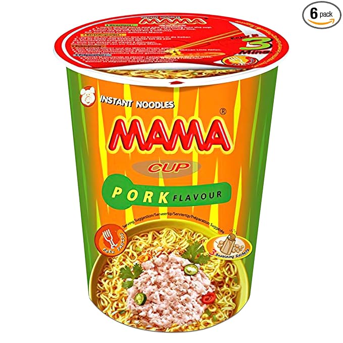 MAMA Noodles PORK Instant Cup of Noodles with Delicious Thai Flavors Hot And Spicy Noodles with Pork Soup Base No Trans Fat with Fewer Calories Than Deep Fried Noodles (Pork Flavor 6 Pack)