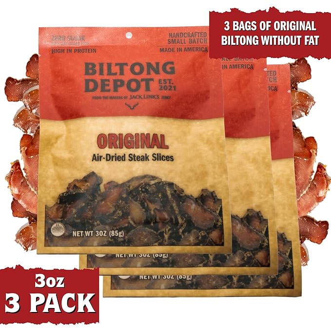 Biltong Depot Original Lean Biltong Slices Bundle - 3oz (3 Pack) | Air-Dried Beef Jerky Snack | High Protein | Zero Sugar | Keto &amp Paleo Friendly | Gluten Free | No Artificial Preservatives | No M
