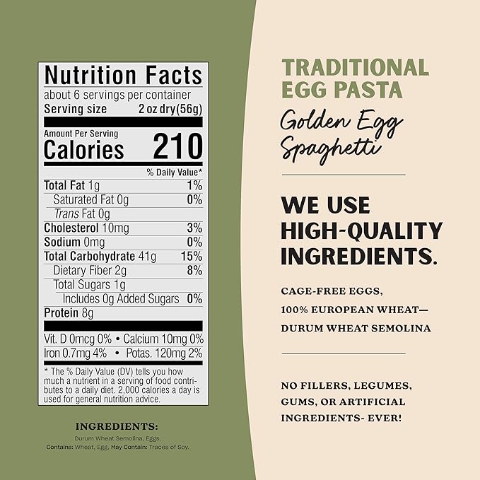 Al Dente Golden Egg Spaghetti – All-Natural Hand-Crafted Egg Pasta. Traditional Pasta Noodles Made with Cage-Free Eggs and Semolina. Great for Pastas Soups Stews. 12oz Boxes (Pack of 8)