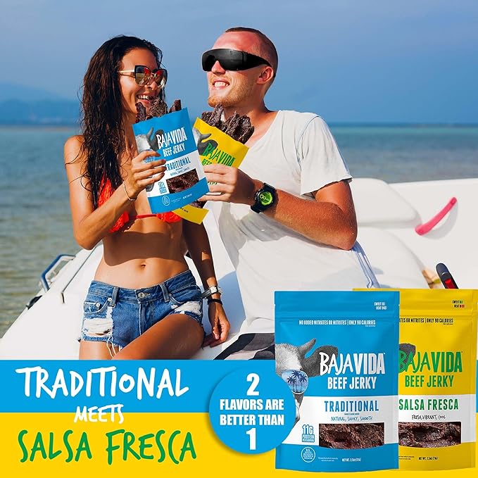 BAJA BEEF Jerky Snack Packs - Beef Jerky Variety Pack Beef Jerky Gifts for Men Beef Jerky Sampler High Protein Craft Jerky Assortment Gluten Free - Traditional &amp Salsa Fresca 2.5 Oz Bags (4 P