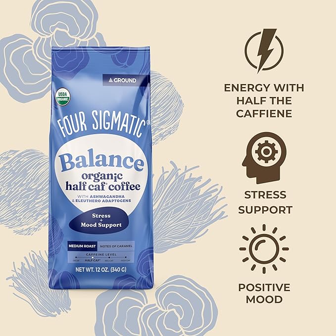 Four Sigmatic Focus + Balance Mushroom Coffee Bundle | Organic Ground Coffee with Lion's Mane Mushroom and Organic Coffee with Ashwagandha Chaga Mushroom Eleuthero and Tulsi | 12oz Bags