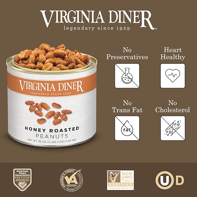 Virginia Diner Extra Large Honey Roasted Virginia Peanuts Gourmet XL Non-GMO Heart Healthy 36 Oz Tin 2.25 Pound (Pack of 1)