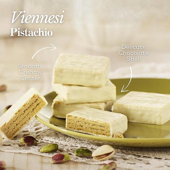 Babbi Viennesi Pistachio Flavor 9 Pieces Italian Cream-Filled Wafer Cookies Thin Vanilla Wafers Covered in Chocolate Perfect for Gift Giving