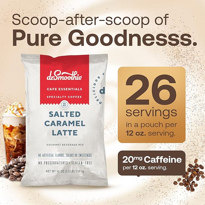 Dr. Smoothie Café Essentials Salted Caramel Latte – No Artificial Colors Flavors or Sweeteners – 20mg of Caffeine per Serving – Great for Hot Iced &amp Frozen Frappes (3.5 lb Bag 26 Servings)