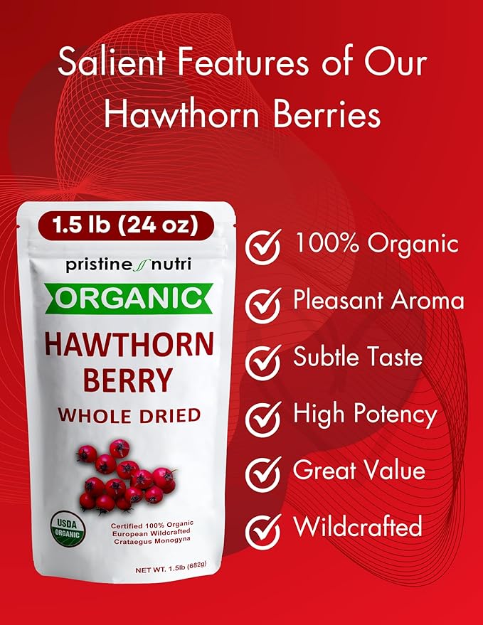 1.5 lbs (24 oz) 100% Organic Hawthorn Berries Dried Bulk | Make Hawthorn Berry Tea | European Wildcrafted Berries | Make Wellness Tea for Heart Support Blood Pressure and Stress Relief
