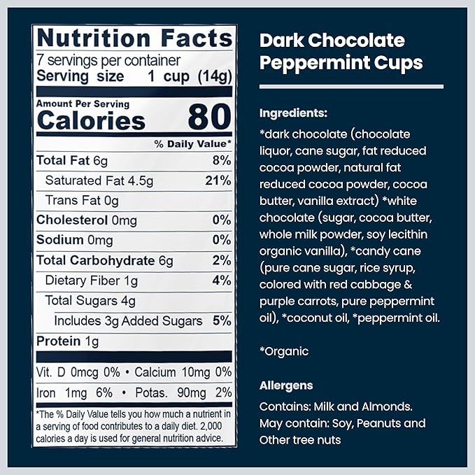 Chocxo Dark Chocolate Peppermint Cups - Lower Sugar Christmas Candy 85% Organic Cacao NonGMO Keto Gluten Free Kosher. No Artificial Sweeteners/Sugar Alcohols 3.45 oz (Pack of 6)