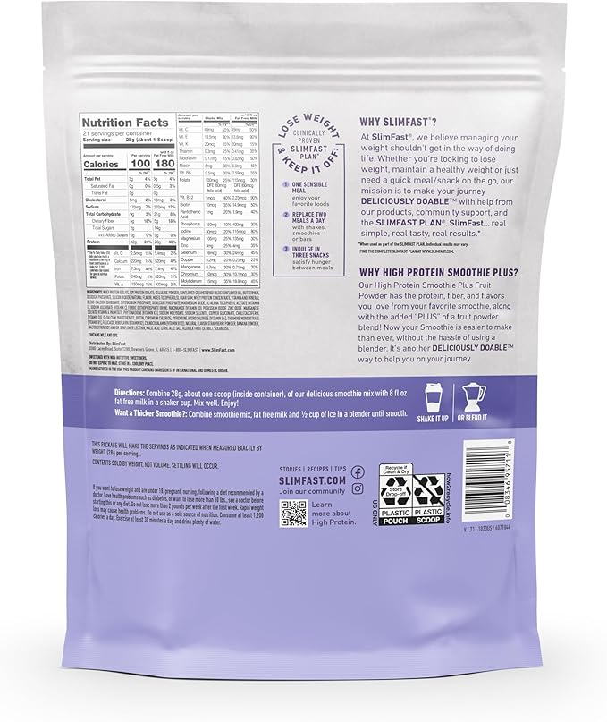 SlimFast High Protein Smoothie Mix Plus Fruit Powder High Protein Meal Replacement Powder Fiber Vitamin C 21 Servings 1.29 Pounds Strawberry Banana (Packaging May Vary)