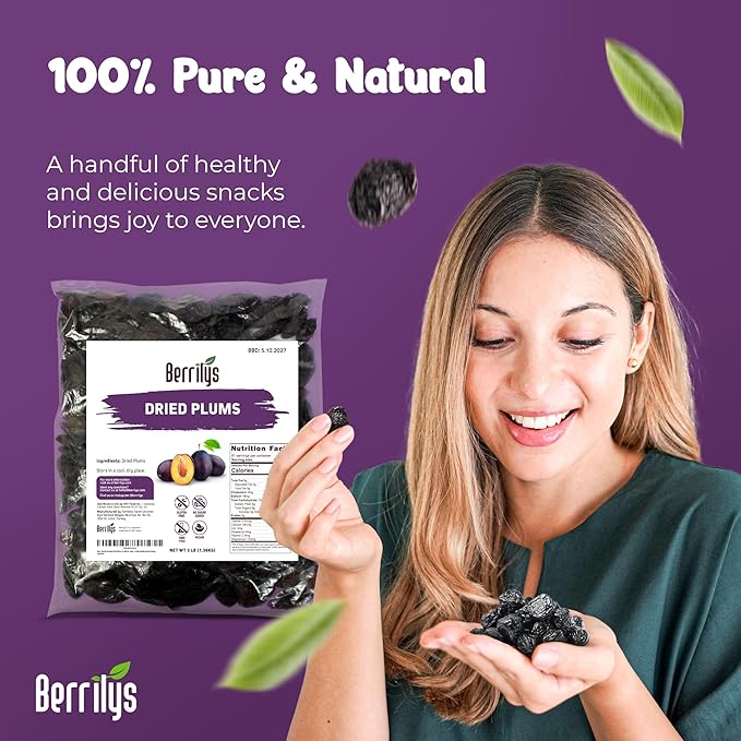 Berrilys Premium Dried Plums 3 lb (48 oz) – Naturally Sweet &amp Juicy Pitted Prunes No Added Sugar Non-GMO Gluten-Free Rich in Fiber &amp Antioxidants – Perfect Healthy Snack &amp Baking Ingre