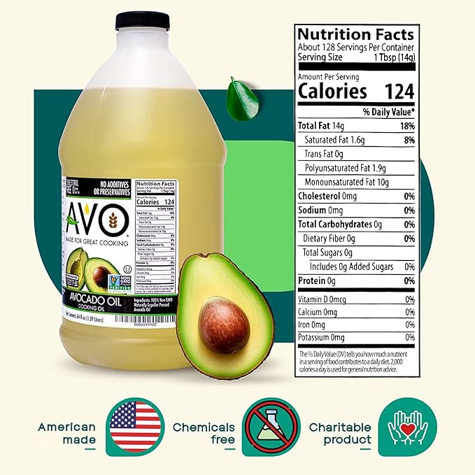 AVO Bulk Avocado Oil for Cooking Half Gallon (64 fl oz) Non-GMO Certified No Preservatives High Smoke Point 500°F Neutral Flavor Gluten-Free Plant-Based OU Kosher