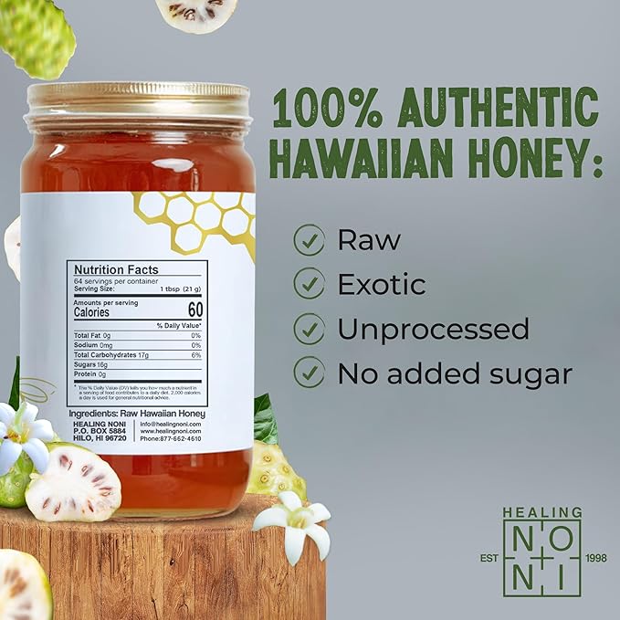 Healing Noni - Hawaiian Honey - All-Natural - 1-Pack Glass Jar 48oz
