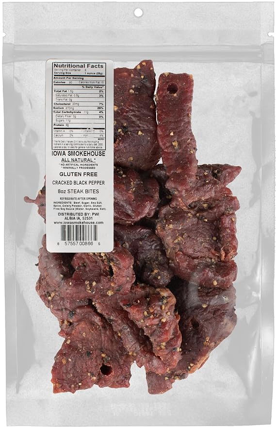 IOWA SMOKEHOUSE Steak Bites Cracked Black Pepper - Tender Nugget Meat Snack - All Natural &amp Gluten Free - 9g of Protein All USA Beef - 8 Oz (resealable bag)…