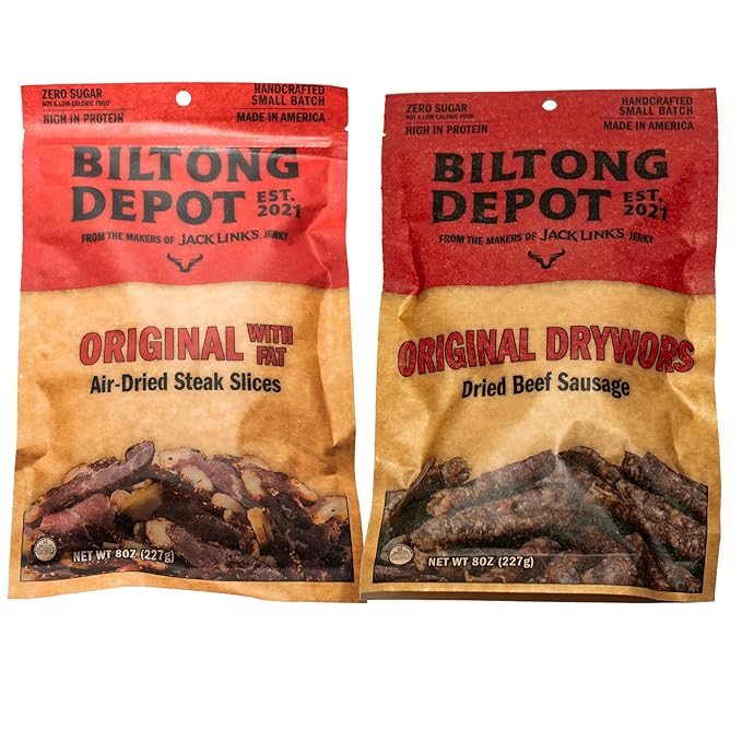 Biltong Depot Biltong + Drywors Bundle - 8oz (2 Pack) | Original Air-Dried Beef Slices with Fat &amp Snack Sticks | High Protein | Jerky Alternative | Zero Sugar | Keto &amp Paleo Friendly | Gluten