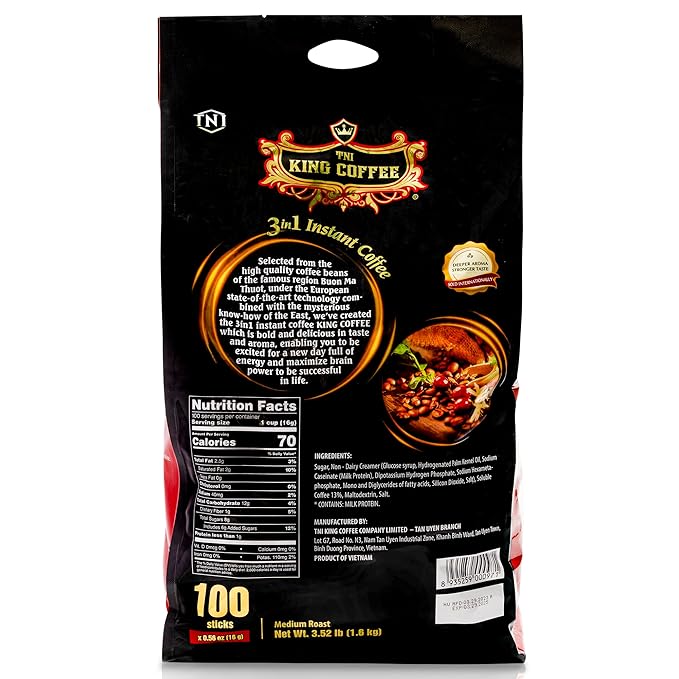 TNI King Coffee 3 in 1 Instant Vietnamese Coffee 100 Single Serve Packets - Individual Pocket Size Sachet Sticks - Blended with Coffee Cream Powder and Sugar - Bulk Size Pack
