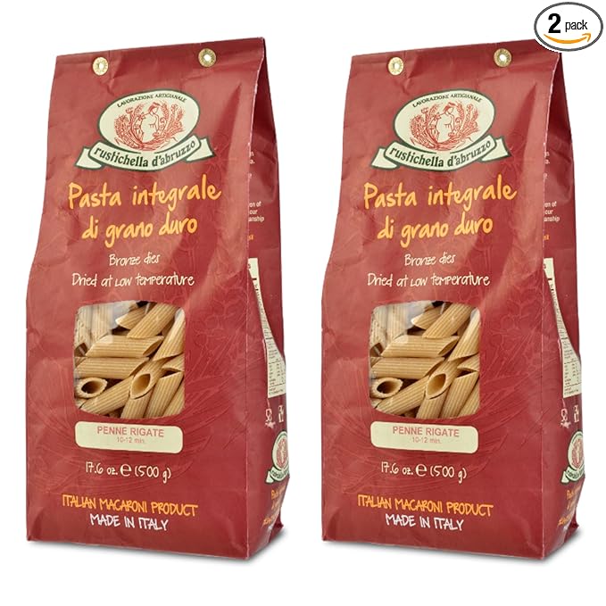 Rustichella d'Abruzzo Whole Wheat Penne Rigate Pasta Stone-Ground Durum Semolina High Bran Content Nutty Flavor Perfect for Rich Sauces &amp Baked Dishes Authentic Italian 500g 2-Pack