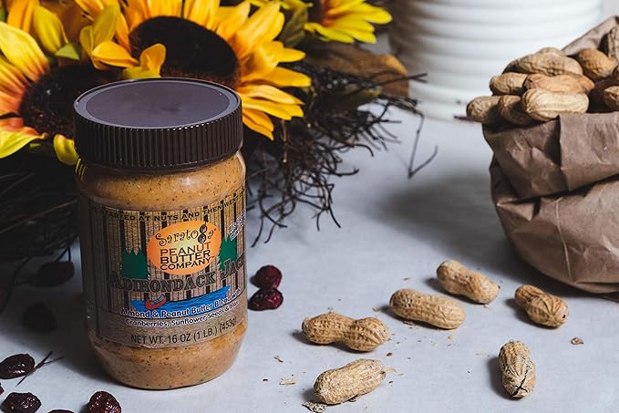Saratoga Peanut Butter Company Adirondack Jack - Almond/Peanut Blend with Cranberries Flax Cinnamon Honey Sunflower seeds. 16 Ounce Jar. Gluten- Free Non GMO Freshly Made All Natural.