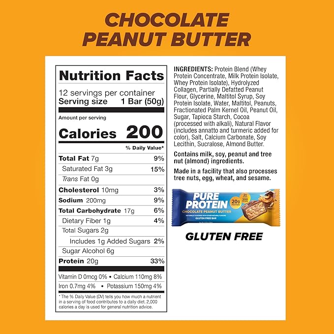 Pure Protein Chocolate Protein Shake &amp Bars High Protein Nutritious Snacks to Support Energy Low Sugar Gluten Free Chocolate Peanut Butter 1.76oz 12 Count (Packaging May Vary)
